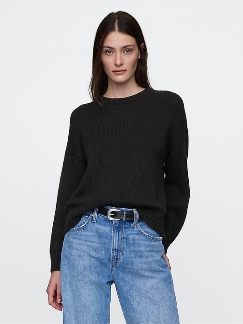 Gap Sweater 100% Cotton Crew Neck Black Solid Ribbed Cuffs Oversized Size Small